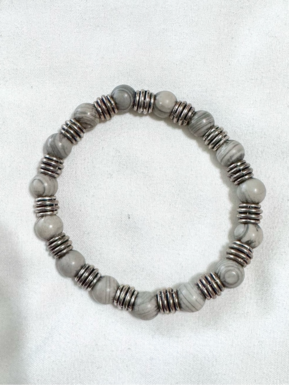 3/$8 Marbled Grey Bead Stretch Bracelet with Metal Accents